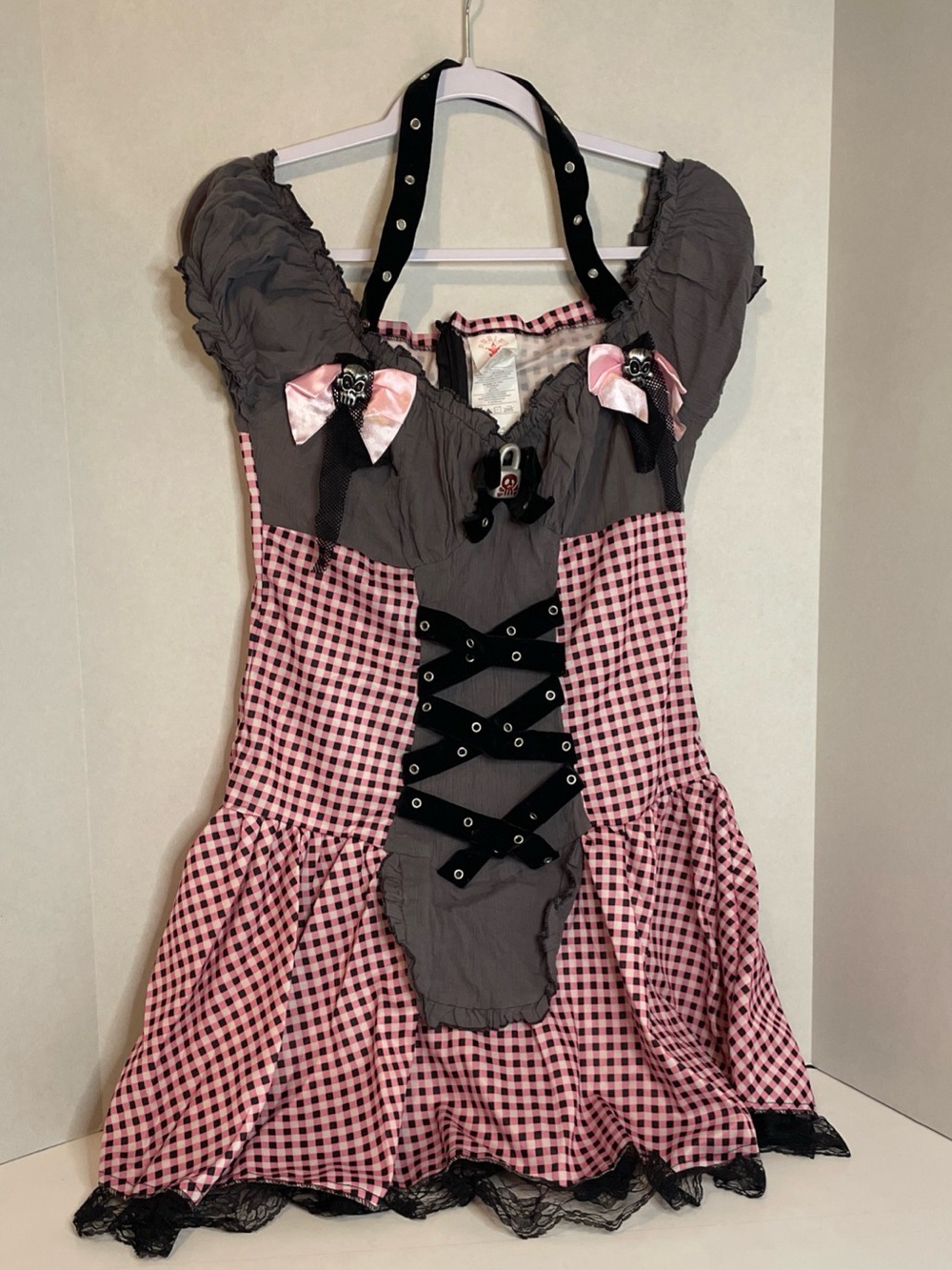 Womens Halloween Costume Mistress Peep Gingham Pink and Black Alt-Gothic Size L